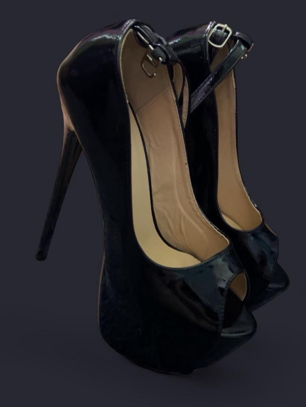 Black Patent Peep-Toe Platform Stiletto Heels